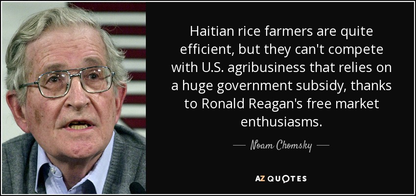 Haitian rice farmers are quite efficient, but they can't compete with U.S. agribusiness that relies on a huge government subsidy, thanks to Ronald Reagan's free market enthusiasms. - Noam Chomsky