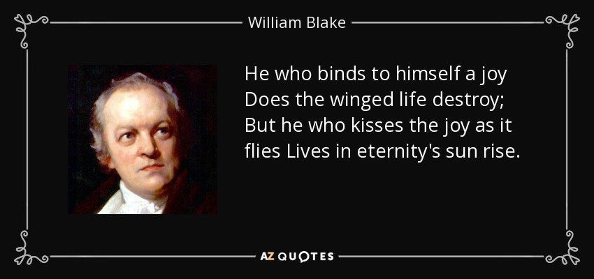 El que ata a sí mismo una alegría Destruye la vida alada; Pero el que besa la alegría mientras vuela Vive en el amanecer de la eternidad. - William Blake