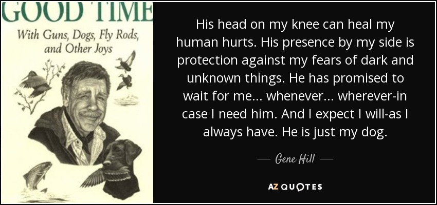 His head on my knee can heal my human hurts. His presence by my side is protection against my fears of dark and unknown things. He has promised to wait for me... whenever... wherever-in case I need him. And I expect I will-as I always have. He is just my dog. - Gene Hill