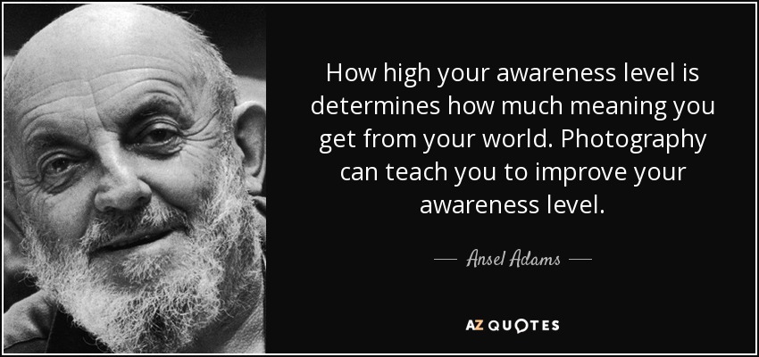 How high your awareness level is determines how much meaning you get from your world. Photography can teach you to improve your awareness level. - Ansel Adams