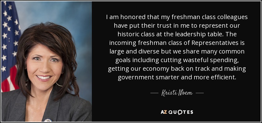 I am honored that my freshman class colleagues have put their trust in me to represent our historic class at the leadership table. The incoming freshman class of Representatives is large and diverse but we share many common goals including cutting wasteful spending, getting our economy back on track and making government smarter and more efficient. - Kristi Noem