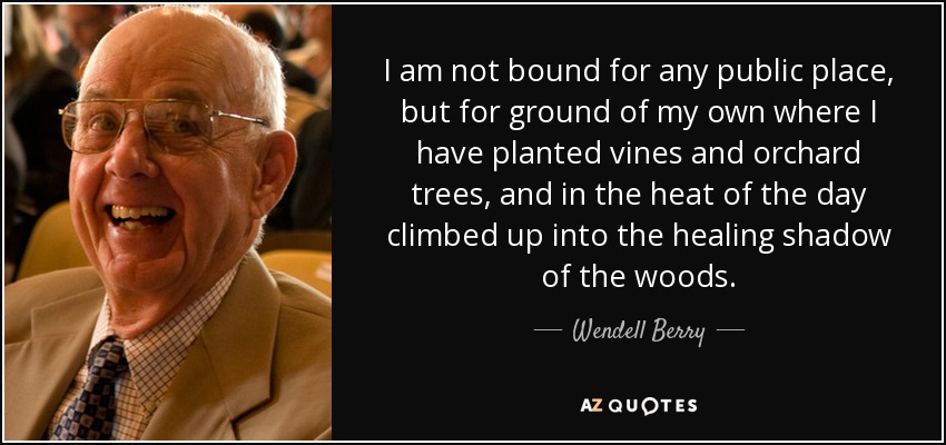 I am not bound for any public place, but for ground of my own where I have planted vines and orchard trees, and in the heat of the day climbed up into the healing shadow of the woods. - Wendell Berry