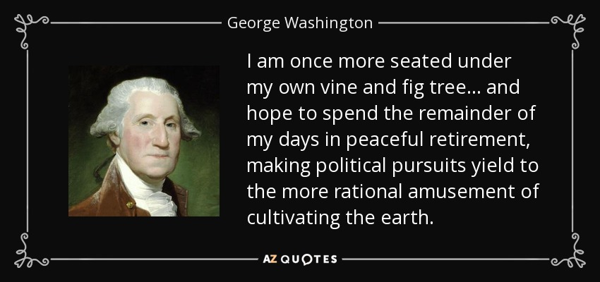 I am once more seated under my own vine and fig tree ... and hope to spend the remainder of my days in peaceful retirement, making political pursuits yield to the more rational amusement of cultivating the earth. - George Washington