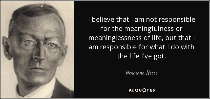 Creo que no soy responsable del sentido o el sinsentido de la vida, pero sí de lo que hago con la vida que tengo. - Hermann Hesse