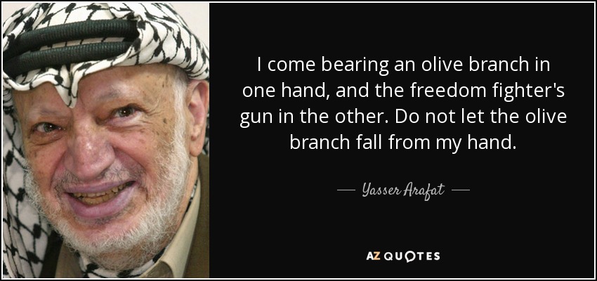 I come bearing an olive branch in one hand, and the freedom fighter's gun in the other. Do not let the olive branch fall from my hand. - Yasser Arafat