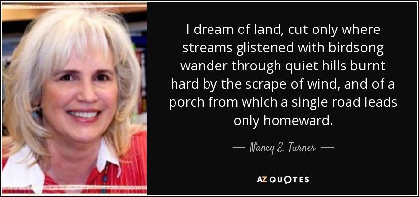 I dream of land, cut only where streams glistened with birdsong wander through quiet hills burnt hard by the scrape of wind, and of a porch from which a single road leads only homeward. - Nancy E. Turner