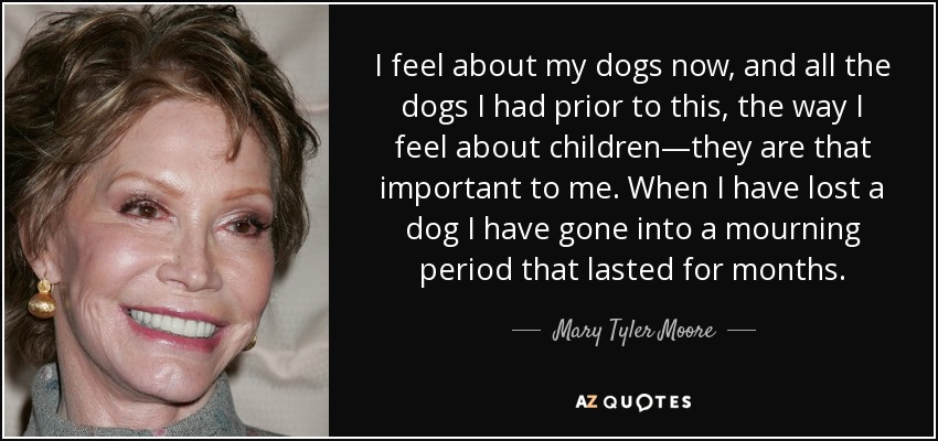 I feel about my dogs now, and all the dogs I had prior to this, the way I feel about children—they are that important to me. When I have lost a dog I have gone into a mourning period that lasted for months. - Mary Tyler Moore