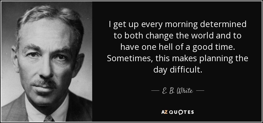I get up every morning determined to both change the world and to have one hell of a good time. Sometimes, this makes planning the day difficult. - E. B. White