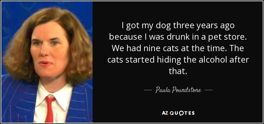I got my dog three years ago because I was drunk in a pet store. We had nine cats at the time. The cats started hiding the alcohol after that. - Paula Poundstone