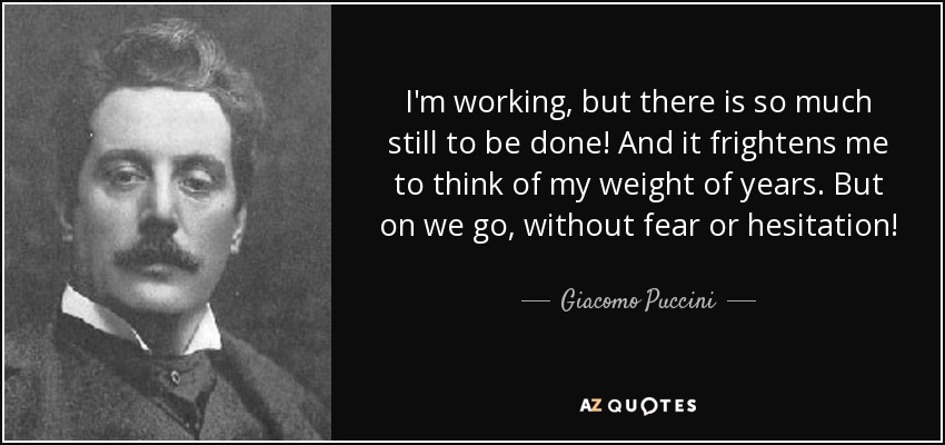 I'm working, but there is so much still to be done! And it frightens me to think of my weight of years. But on we go, without fear or hesitation! - Giacomo Puccini