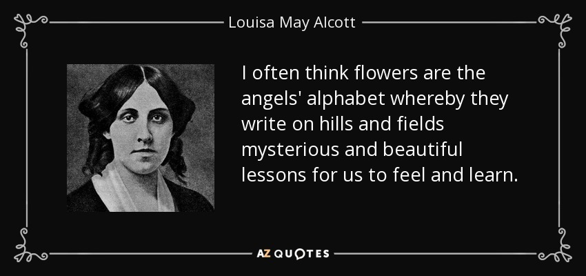I often think flowers are the angels' alphabet whereby they write on hills and fields mysterious and beautiful lessons for us to feel and learn. - Louisa May Alcott