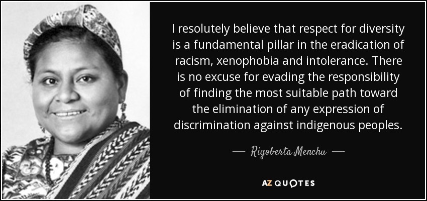I resolutely believe that respect for diversity is a fundamental pillar in the eradication of racism, xenophobia and intolerance. There is no excuse for evading the responsibility of finding the most suitable path toward the elimination of any expression of discrimination against indigenous peoples. - Rigoberta Menchu