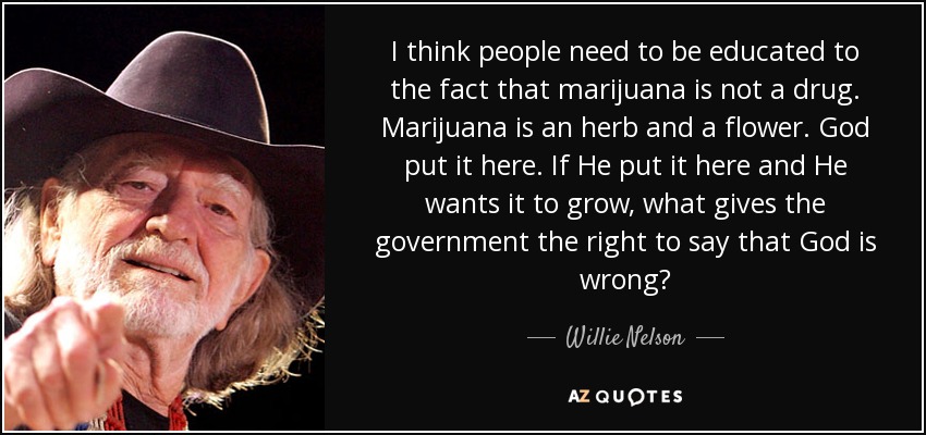 Creo que hay que educar a la gente en el hecho de que la marihuana no es una droga. La marihuana es una hierba y una flor. Dios la puso aquí. Si Él la puso aquí y quiere que crezca, ¿qué le da derecho al gobierno a decir que Dios está equivocado? - Willie Nelson
