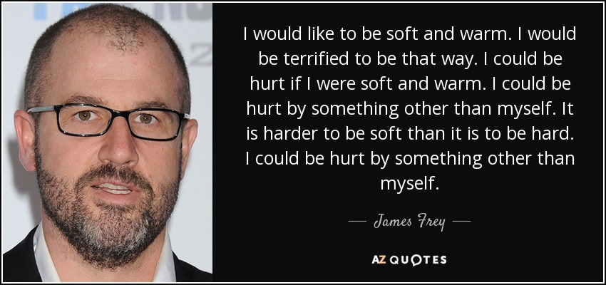 I would like to be soft and warm. I would be terrified to be that way. I could be hurt if I were soft and warm. I could be hurt by something other than myself. It is harder to be soft than it is to be hard. I could be hurt by something other than myself. - James Frey