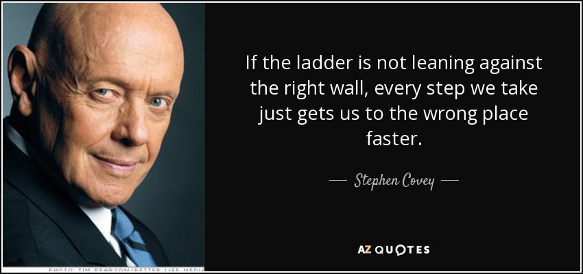If the ladder is not leaning against the right wall, every step we take just gets us to the wrong place faster. - Stephen Covey