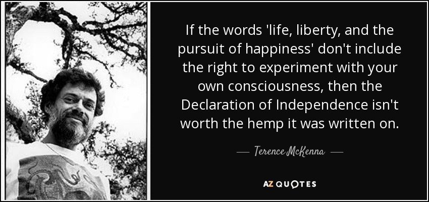 If the words 'life, liberty, and the pursuit of happiness' don't include the right to experiment with your own consciousness, then the Declaration of Independence isn't worth the hemp it was written on. - Terence McKenna