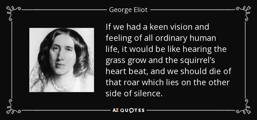 Si tuviéramos una visión y un sentimiento agudos de toda la vida humana ordinaria, sería como oír crecer la hierba y latir el corazón de la ardilla, y nos moriríamos de ese rugido que hay al otro lado del silencio. - George Eliot