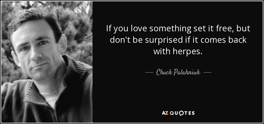 If you love something set it free, but don't be surprised if it comes back with herpes. - Chuck Palahniuk