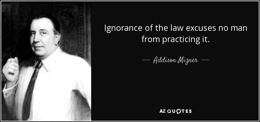 Ignorance of the law excuses no man from practicing it. - Addison Mizner