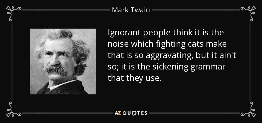 Ignorant people think it is the noise which fighting cats make that is so aggravating, but it ain't so; it is the sickening grammar that they use. - Mark Twain