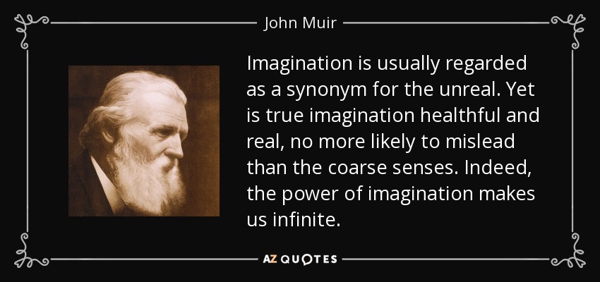 Imagination is usually regarded as a synonym for the unreal. Yet is true imagination healthful and real, no more likely to mislead than the coarse senses. Indeed, the power of imagination makes us infinite. - John Muir