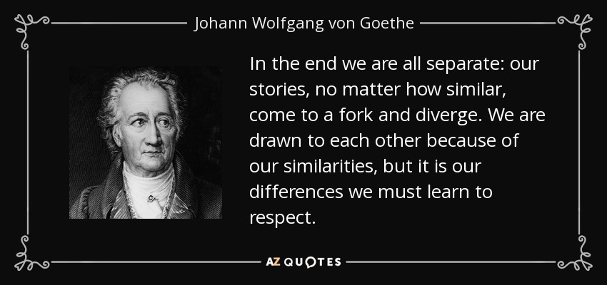 In the end we are all separate: our stories, no matter how similar, come to a fork and diverge. We are drawn to each other because of our similarities, but it is our differences we must learn to respect. - Johann Wolfgang von Goethe