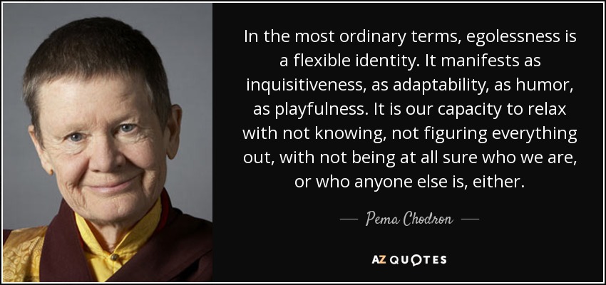 In the most ordinary terms, egolessness is a flexible identity. It manifests as inquisitiveness , as adaptability, as humor, as playfulness. It is our capacity to relax with not knowing, not figuring everything out, with not being at all sure who we are, or who anyone else is, either. - Pema Chodron