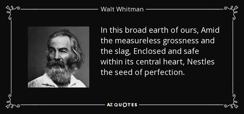 In this broad earth of ours, Amid the measureless grossness and the slag, Enclosed and safe within its central heart, Nestles the seed of perfection. - Walt Whitman