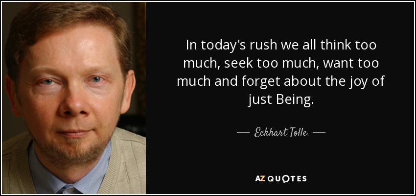 In today's rush we all think too much, seek too much, want too much and forget about the joy of just Being. - Eckhart Tolle