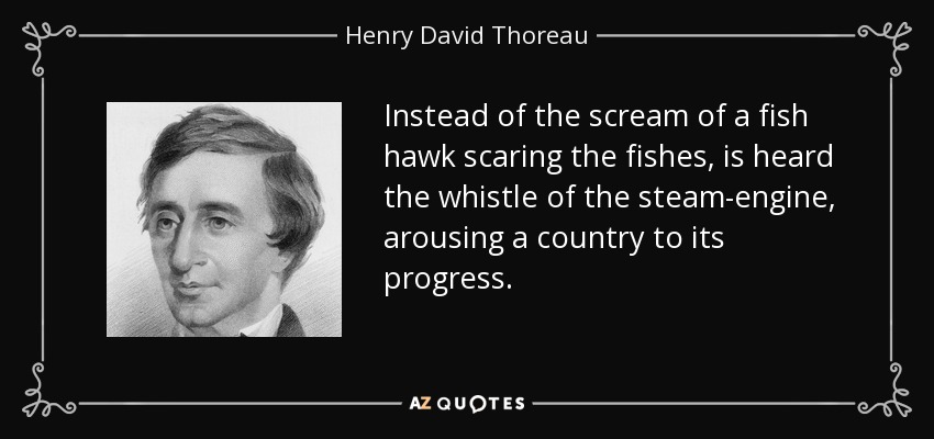 Instead of the scream of a fish hawk scaring the fishes, is heard the whistle of the steam-engine, arousing a country to its progress. - Henry David Thoreau