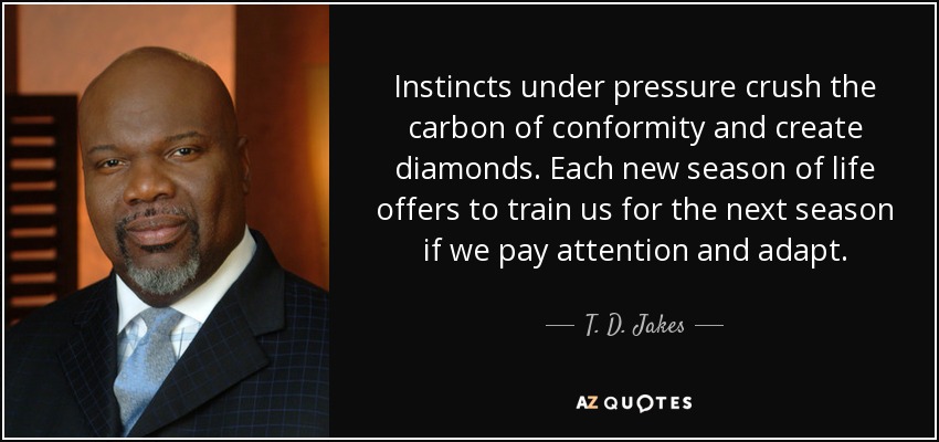 Instincts under pressure crush the carbon of conformity and create diamonds. Each new season of life offers to train us for the next season if we pay attention and adapt. - T. D. Jakes