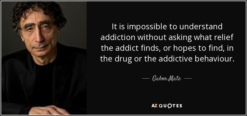 It is impossible to understand addiction without asking what relief the addict finds, or hopes to find, in the drug or the addictive behaviour. - Gabor Mate
