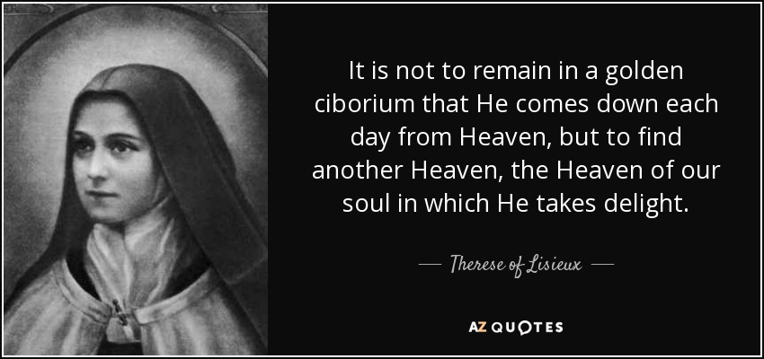 It is not to remain in a golden ciborium that He comes down each day from Heaven, but to find another Heaven, the Heaven of our soul in which He takes delight. - Therese of Lisieux