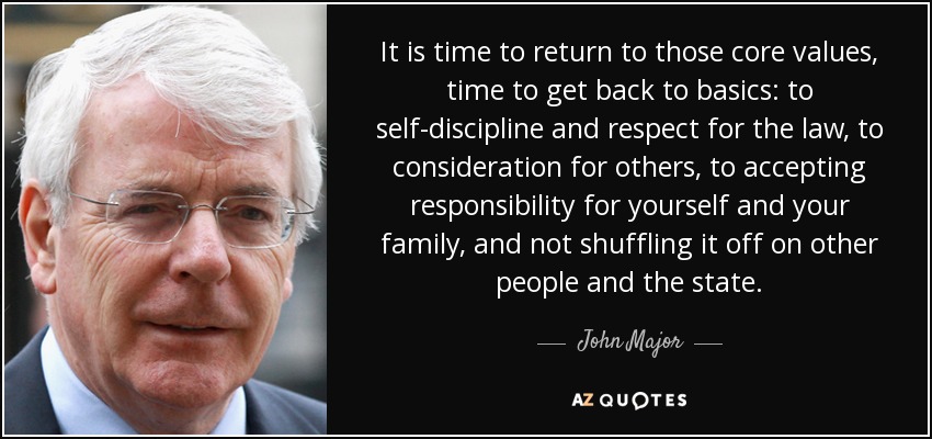 It is time to return to those core values, time to get back to basics: to self-discipline and respect for the law, to consideration for others, to accepting responsibility for yourself and your family, and not shuffling it off on other people and the state. - John Major