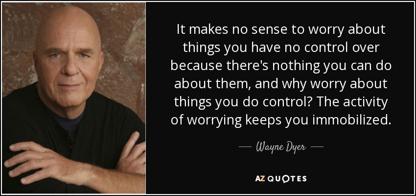 It makes no sense to worry about things you have no control over because there's nothing you can do about them, and why worry about things you do control? The activity of worrying keeps you immobilized. - Wayne Dyer
