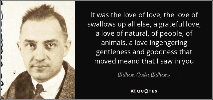 Fue el amor al amor, el amor que engulle todo lo demás, un amor agradecido, un amor a lo natural, a la gente, a los animales, un amor que ingenia gentileza y bondad lo que me conmovióy lo que vi en ti - William Carlos Williams