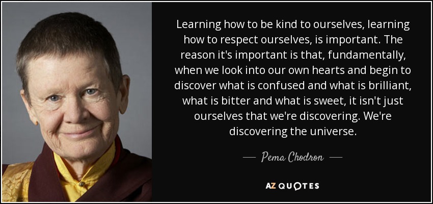 Learning how to be kind to ourselves, learning how to respect ourselves, is important. The reason it's important is that, fundamentally, when we look into our own hearts and begin to discover what is confused and what is brilliant, what is bitter and what is sweet, it isn't just ourselves that we're discovering. We're discovering the universe. - Pema Chodron