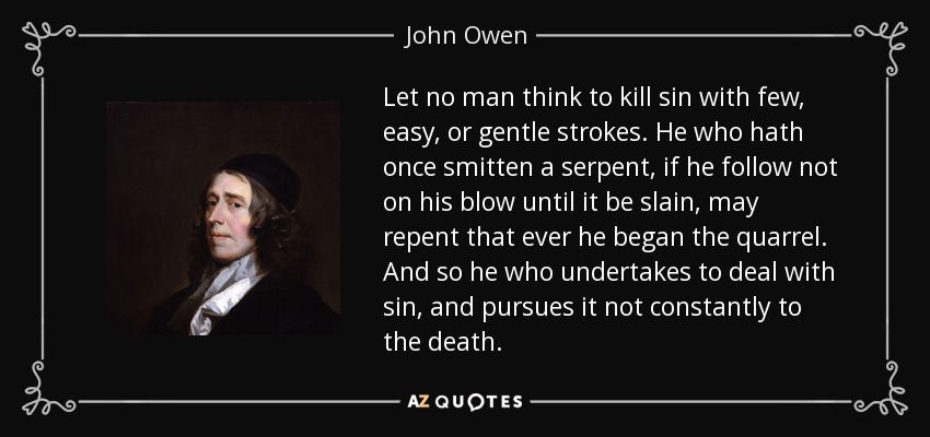 Let no man think to kill sin with few, easy, or gentle strokes. He who hath once smitten a serpent, if he follow not on his blow until it be slain, may repent that ever he began the quarrel. And so he who undertakes to deal with sin, and pursues it not constantly to the death. - John Owen
