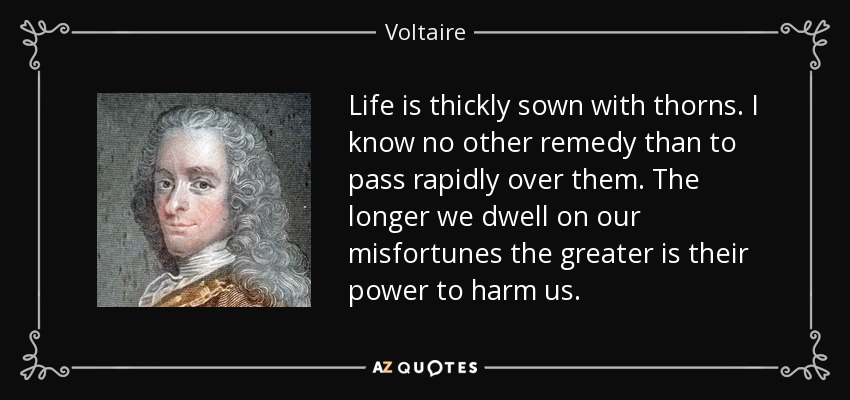 Life is thickly sown with thorns. I know no other remedy than to pass rapidly over them. The longer we dwell on our misfortunes the greater is their power to harm us. - Voltaire