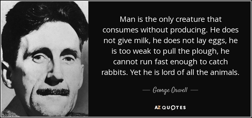 Man is the only creature that consumes without producing. He does not give milk, he does not lay eggs, he is too weak to pull the plough, he cannot run fast enough to catch rabbits. Yet he is lord of all the animals. - George Orwell