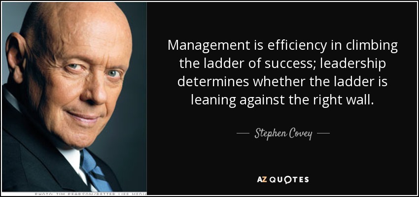 Management is efficiency in climbing the ladder of success; leadership determines whether the ladder is leaning against the right wall. - Stephen Covey