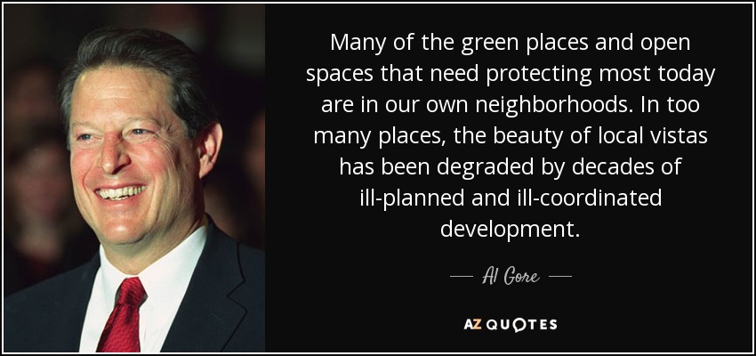 Many of the green places and open spaces that need protecting most today are in our own neighborhoods. In too many places, the beauty of local vistas has been degraded by decades of ill-planned and ill-coordinated development. - Al Gore