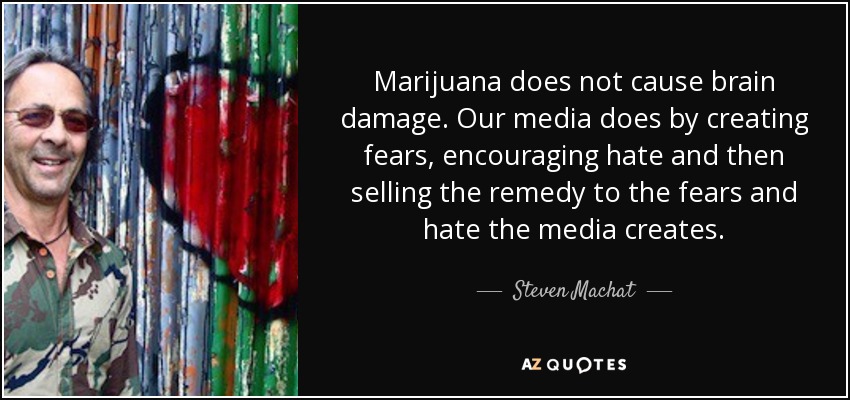 La marihuana no causa daños cerebrales. Nuestros medios de comunicación lo hacen creando miedos, fomentando el odio y luego vendiendo el remedio para los miedos y el odio que los medios de comunicación crean. - Steven Machat