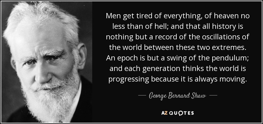 Men get tired of everything, of heaven no less than of hell; and that all history is nothing but a record of the oscillations of the world between these two extremes. An epoch is but a swing of the pendulum; and each generation thinks the world is progressing because it is always moving. - George Bernard Shaw