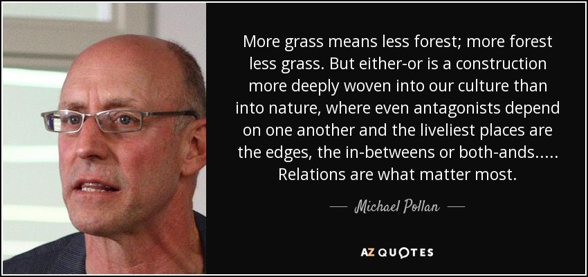 More grass means less forest; more forest less grass. But either-or is a construction more deeply woven into our culture than into nature, where even antagonists depend on one another and the liveliest places are the edges, the in-betweens or both-ands..... Relations are what matter most. - Michael Pollan