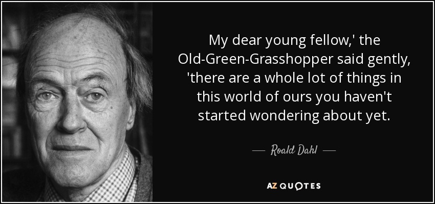 My dear young fellow,' the Old-Green-Grasshopper said gently, 'there are a whole lot of things in this world of ours you haven't started wondering about yet. - Roald Dahl