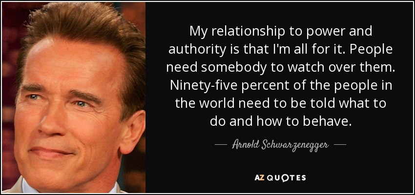 My relationship to power and authority is that I'm all for it. People need somebody to watch over them. Ninety-five percent of the people in the world need to be told what to do and how to behave. - Arnold Schwarzenegger