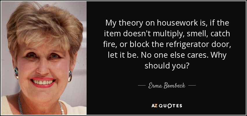 My theory on housework is, if the item doesn't multiply, smell, catch fire, or block the refrigerator door, let it be. No one else cares. Why should you? - Erma Bombeck