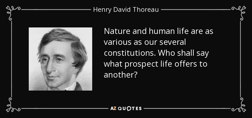 Nature and human life are as various as our several constitutions. Who shall say what prospect life offers to another? - Henry David Thoreau