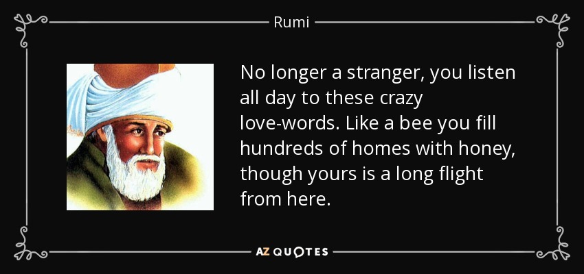 No longer a stranger, you listen all day to these crazy love-words. Like a bee you fill hundreds of homes with honey, though yours is a long flight from here. - Rumi